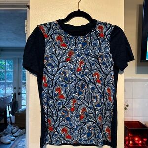 TORY BURCH Wild Thing Linen & Silk Bird Tee Shirt size XXS